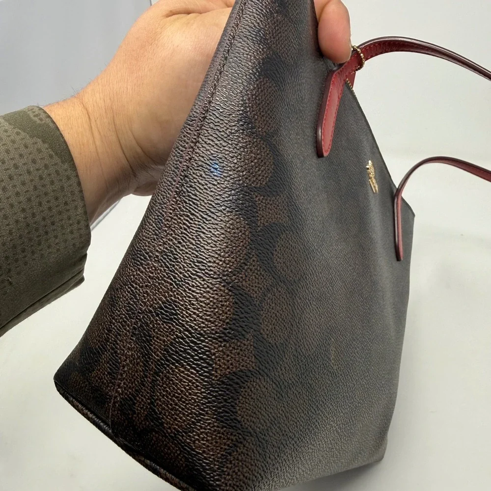 Coach Zip Top Tote Signature Canvas Brown Red CX611 Shoulder Bag
